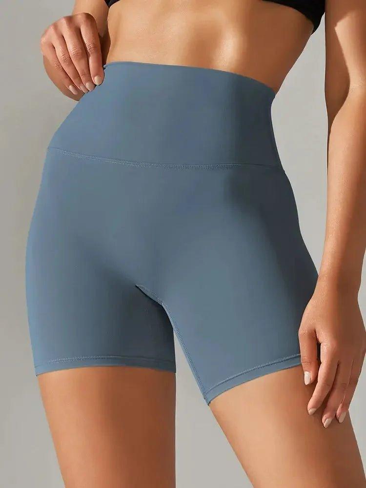 High-waisted blue biker shorts for women's fashion and fitness