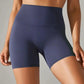 Navy blue high-waisted biker shorts for women's fashion and fitness