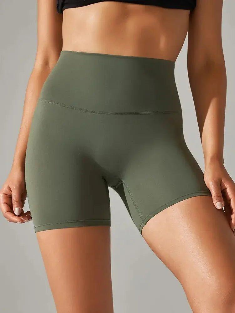 Olive green high-waisted biker shorts for women's fashion and fitness