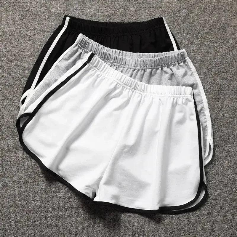 Women's athletic shorts in white, gray, black with side stripes, casual sportswear for gym or lounge