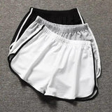 Women's athletic shorts in white, gray, black with side stripes, casual sportswear for gym or lounge