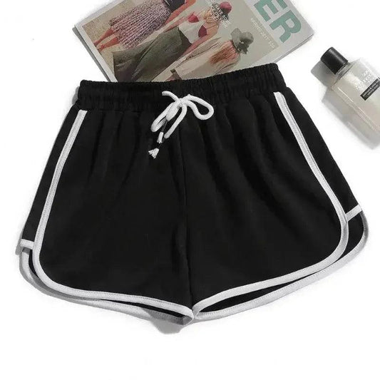 Black women's drawstring shorts with white side stripes, fashion lounge wear