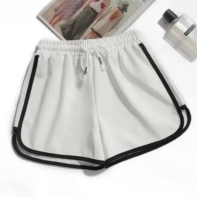White women's drawstring shorts with black side stripes, casual fashion wear