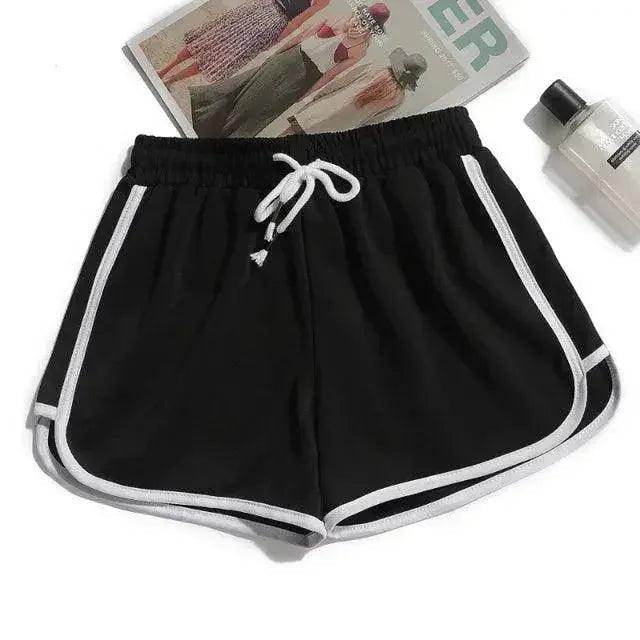 Black women's drawstring shorts with white side stripes, fashion lounge wear