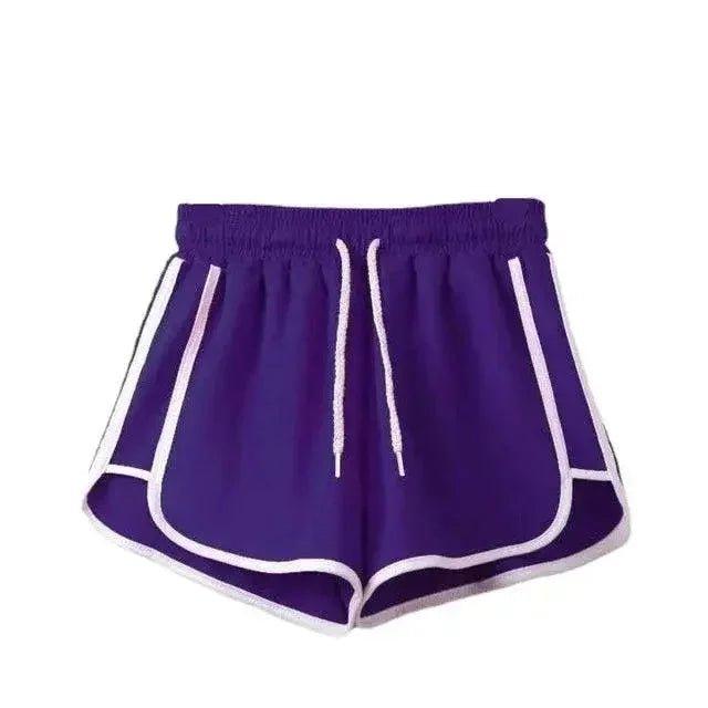 Purple women's athletic shorts with white trim and drawstring waist, fashion activewear