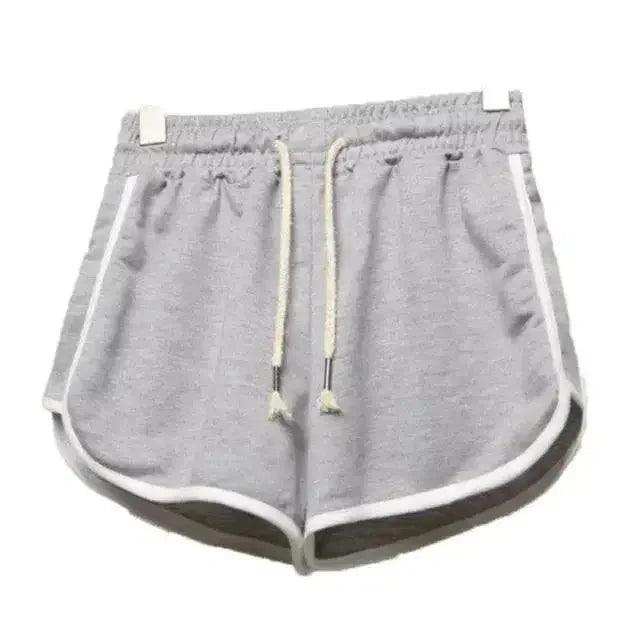 Gray women's drawstring shorts with white trim, casual fashion wear