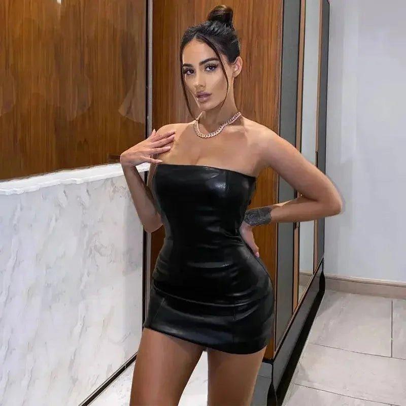 Woman in black strapless leather mini dress, fashion outfit, stylish look