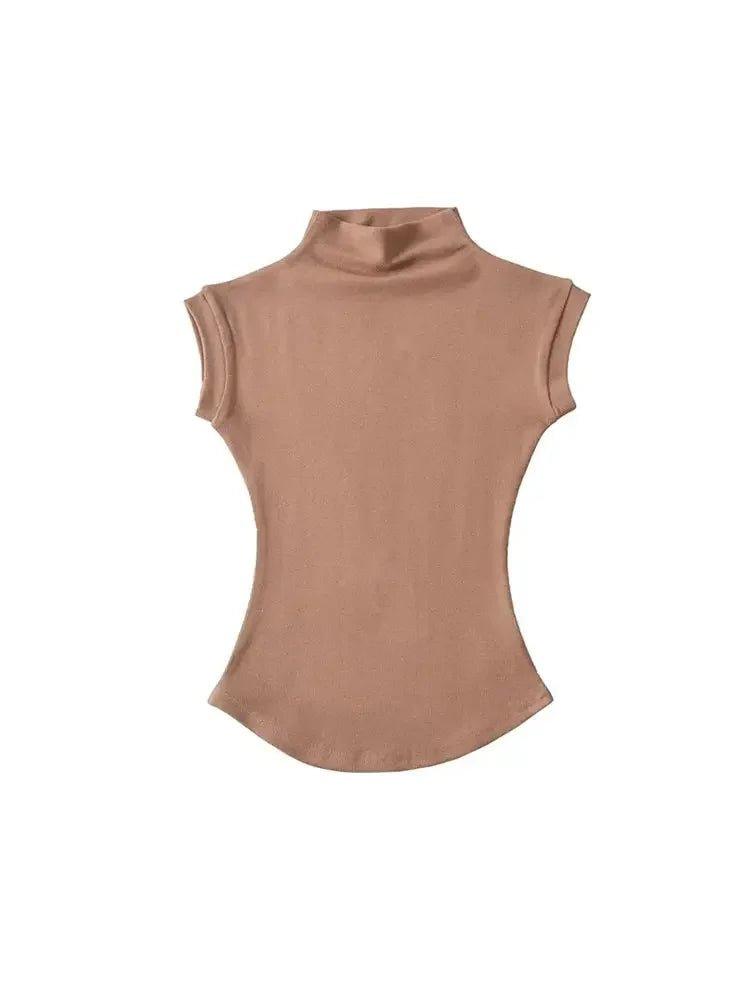 Women's beige sleeveless turtleneck top, stylish and fitted for casual fashion wear