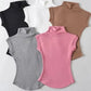 Women's sleeveless turtleneck tops in black, white, brown, gray, and pink — stylish fashion essentials