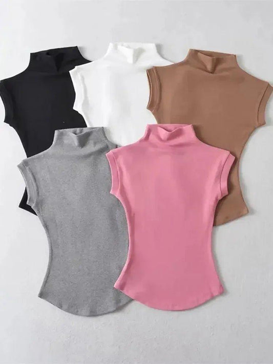 Women's sleeveless turtleneck tops in black, white, brown, gray, and pink — stylish fashion essentials