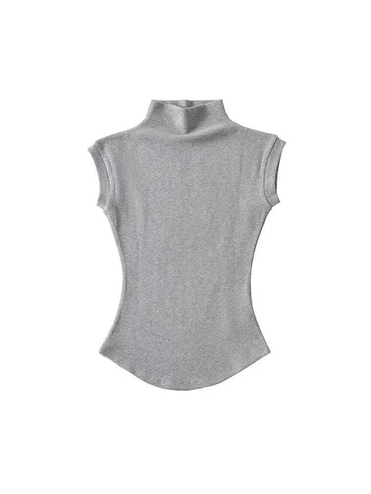 Gray women's sleeveless turtleneck top, stylish fashion blouse for casual wear
