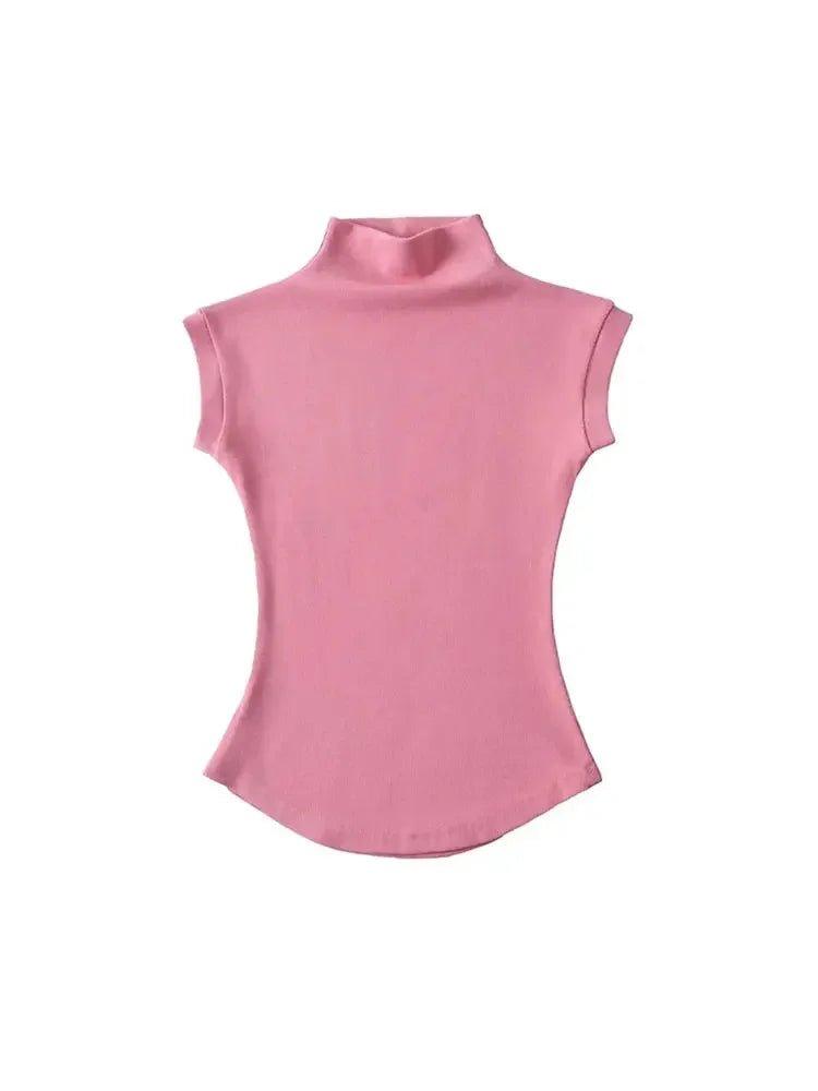 Pink women's turtleneck sleeveless top for fashion and casual wear