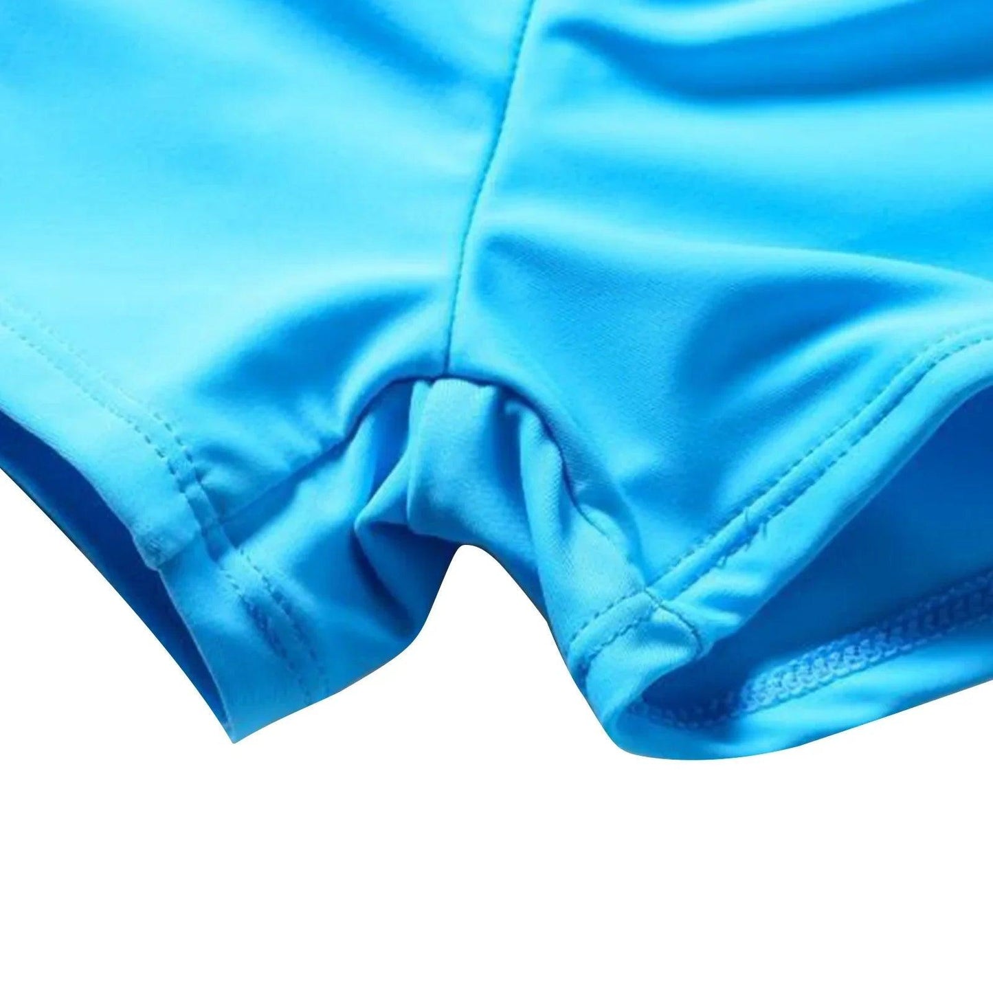Bright blue women's swim shorts with smooth fabric and neat stitching detail