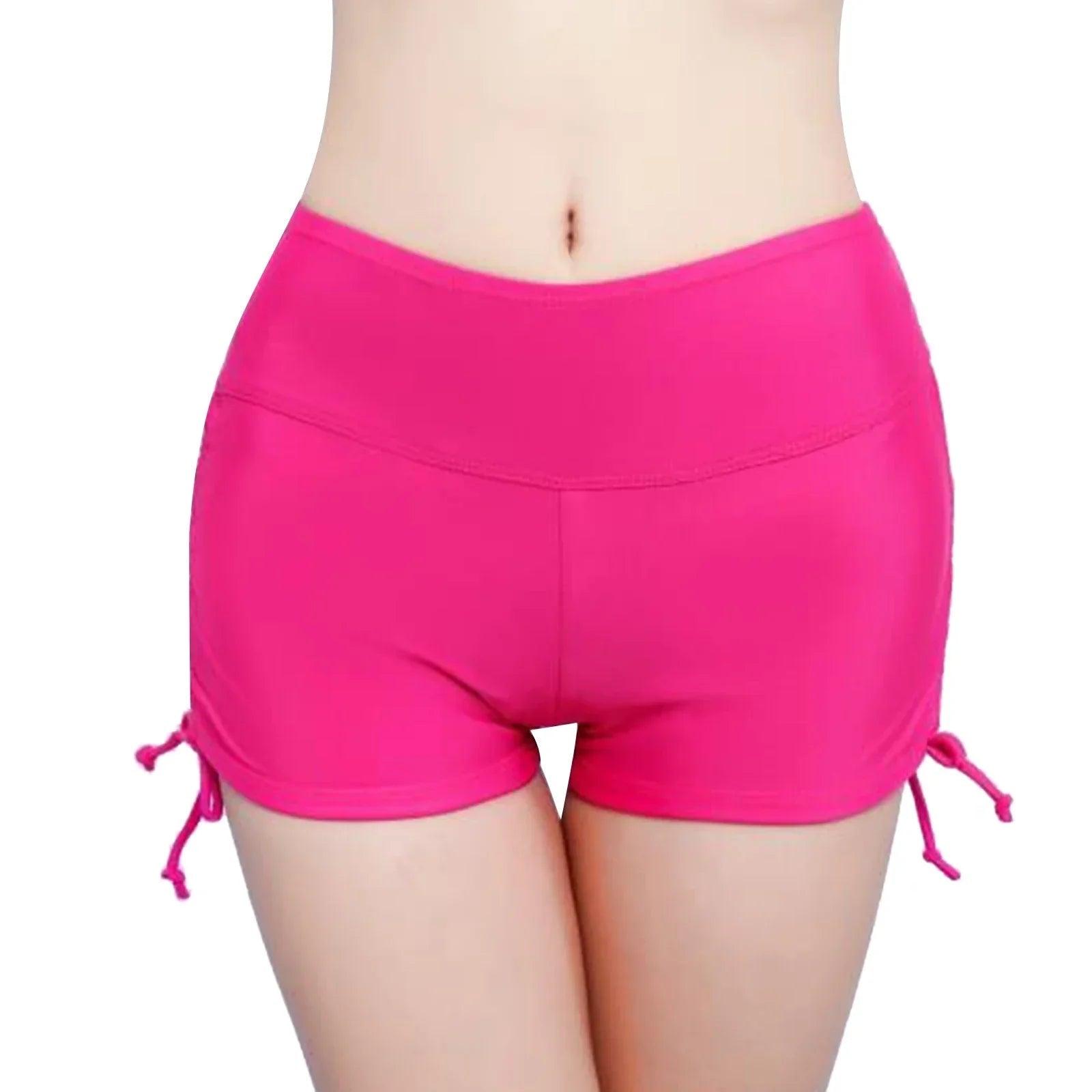 Bright pink women's high-waist shorts with side drawstrings, stylish and comfortable fashion wear