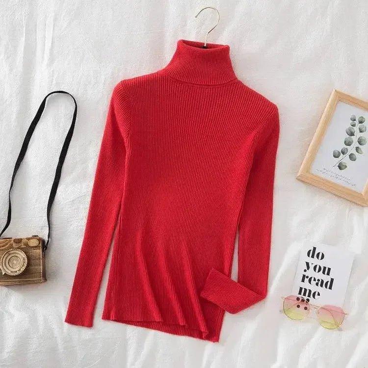 Red ribbed turtleneck sweater for women, stylish fashion top with long sleeves, perfect for casual wear