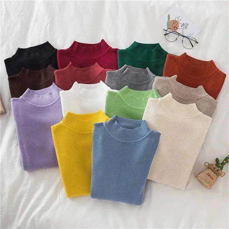 Women's ribbed turtleneck sweaters in assorted colors, cozy fashion tops for fall winter
