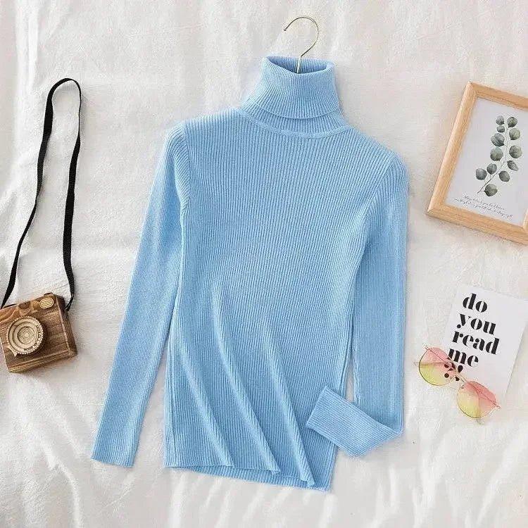 Light blue ribbed turtleneck sweater for women, stylish fashion top with long sleeves, perfect for casual wear