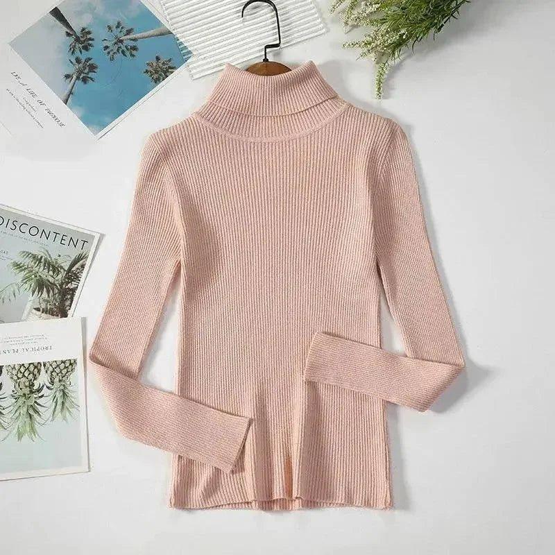 Pink ribbed turtleneck sweater for women, stylish long sleeve fashion top