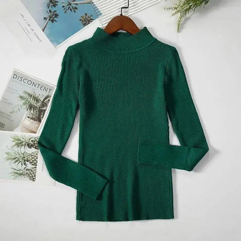 Green ribbed turtleneck sweater for women, long sleeve fashion top