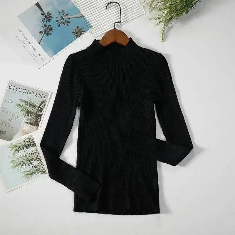 Black ribbed turtleneck long sleeve top for women, stylish fashion sweater