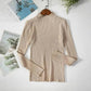 Beige ribbed turtleneck sweater for women, long sleeve fashion top on hanger with magazine backdrop