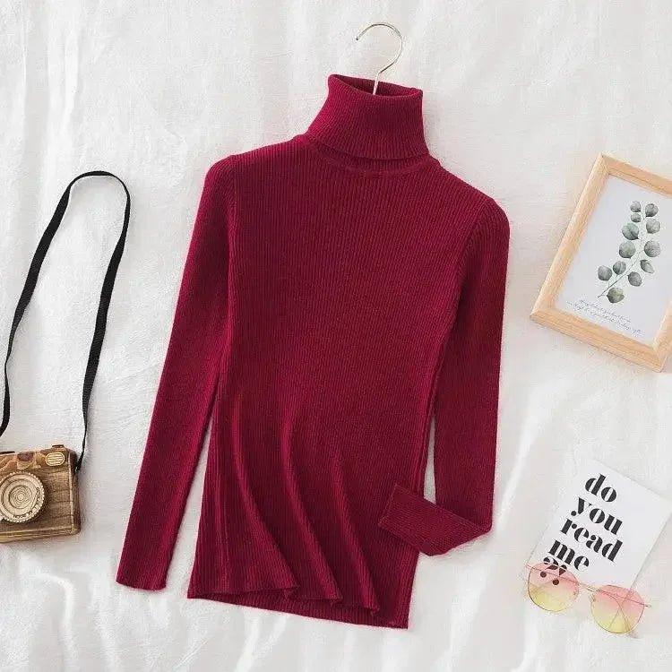 Burgundy ribbed turtleneck sweater for women, stylish fall fashion top with long sleeves