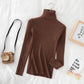 Brown ribbed turtleneck sweater for women, cozy long sleeve fashion top with stylish accessories