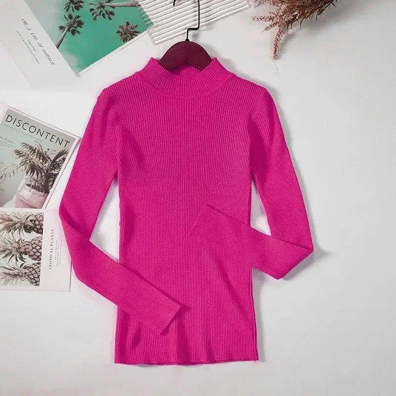 Bright pink ribbed turtleneck sweater for women, long sleeve fashion top