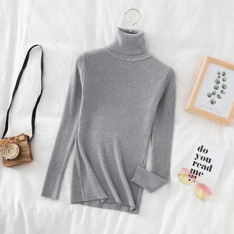 Gray ribbed turtleneck sweater for women, stylish long sleeve top with side slit, fashion outfit