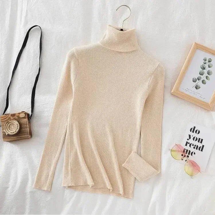 Beige ribbed turtleneck sweater for women, cozy long sleeve fashion top with stylish flat lay