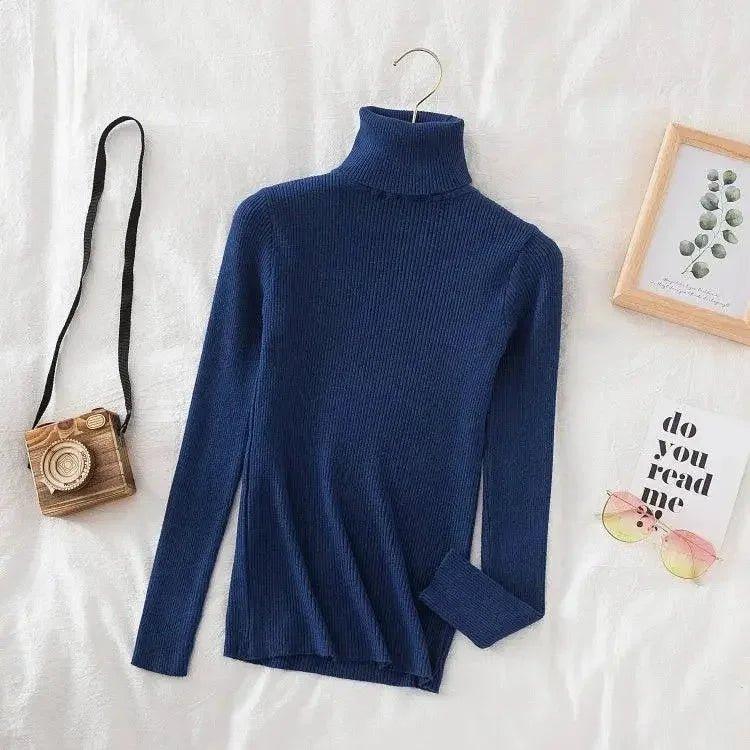 Navy blue ribbed turtleneck sweater for women, stylish long sleeve top with cozy knit texture
