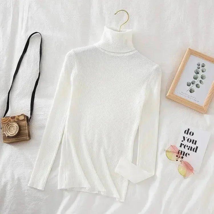 White ribbed turtleneck sweater for women, stylish long sleeve fashion top with minimalist accessories