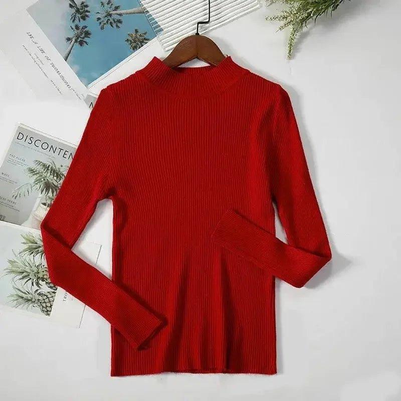 Red ribbed long sleeve turtleneck sweater for women, stylish fashion top