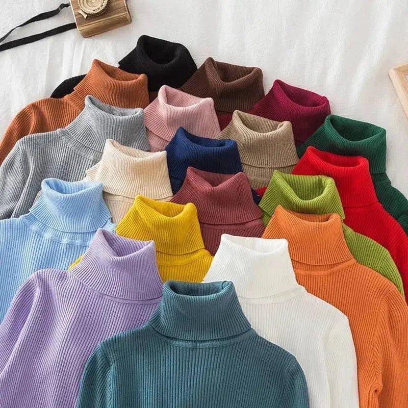 Women's colorful ribbed turtleneck sweaters in assorted fashion colors for cozy style