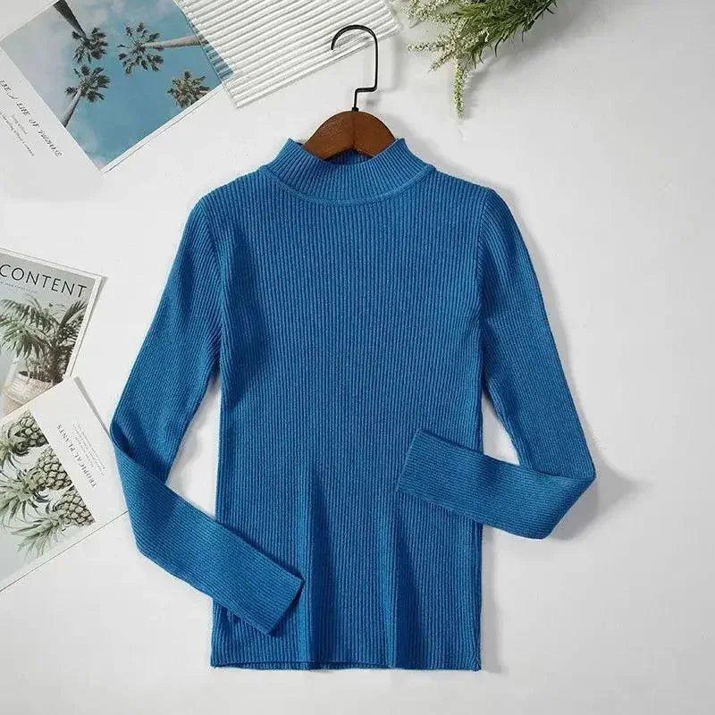 Blue ribbed turtleneck sweater for women, stylish long sleeve fashion top