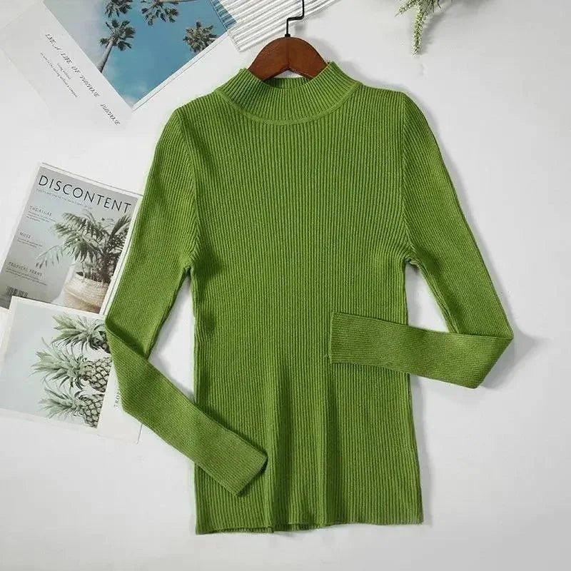 Green ribbed turtleneck sweater for women, long sleeve fashion top