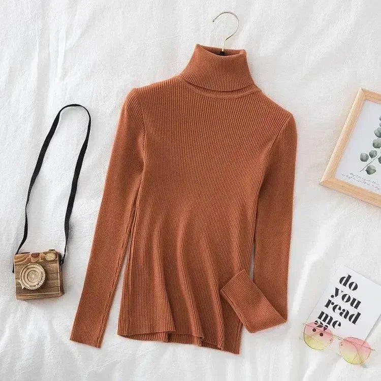 Women's ribbed turtleneck sweater in caramel brown, stylish long sleeve fashion top with cozy texture