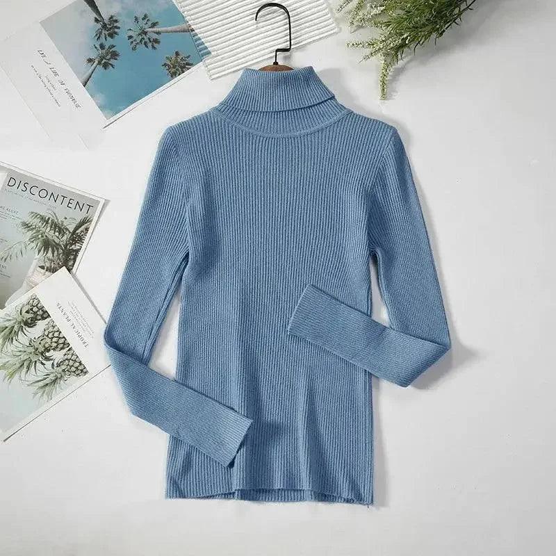 Light blue ribbed turtleneck sweater for women, long sleeve fashion top