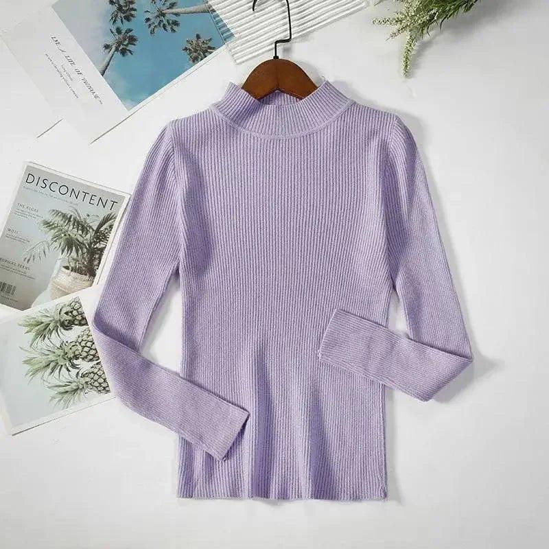 Lavender ribbed turtleneck sweater for women, long sleeve fashion top