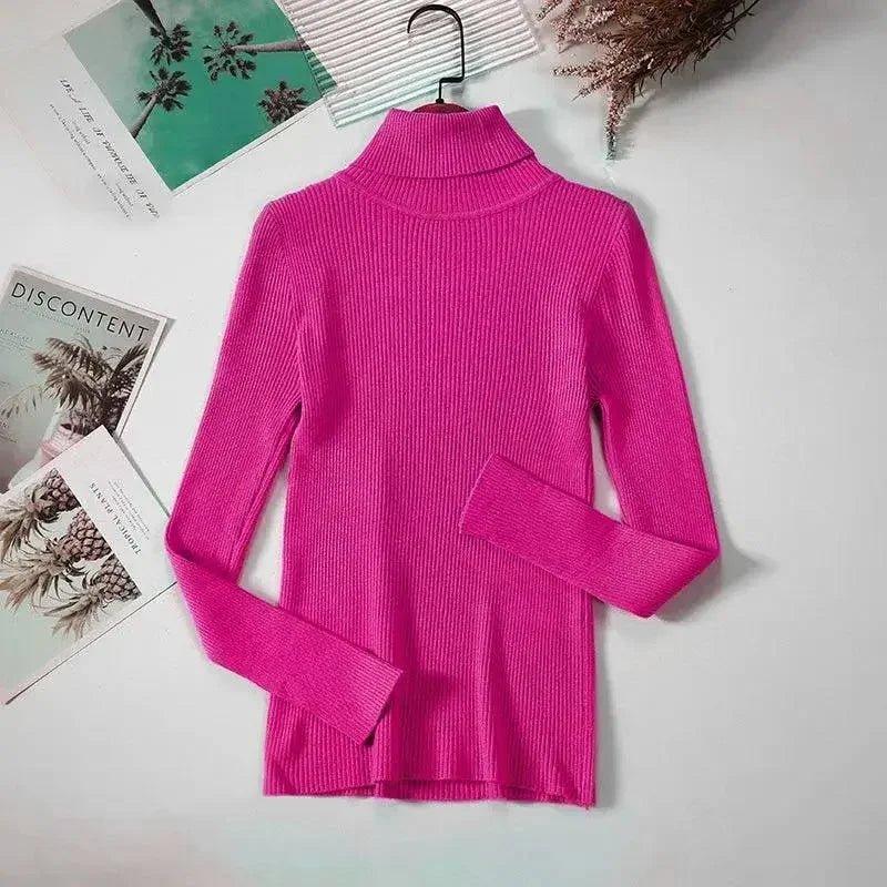 Bright pink ribbed turtleneck sweater for women, stylish long sleeve fashion top