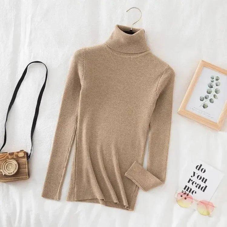 Beige ribbed turtleneck sweater for women, stylish fall fashion top with long sleeves, perfect for casual wear