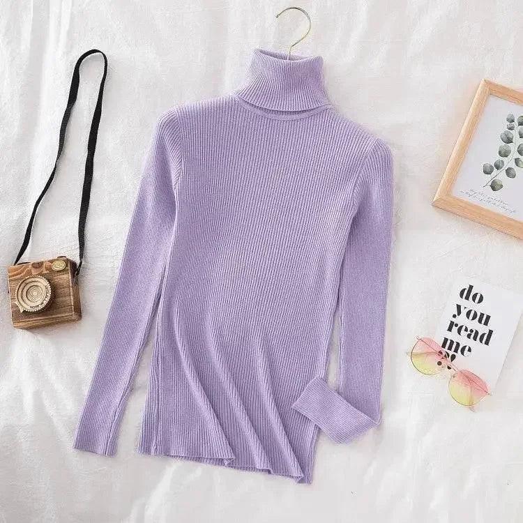 Lavender ribbed turtleneck sweater for women, stylish long sleeve top with cozy texture, fashion essential