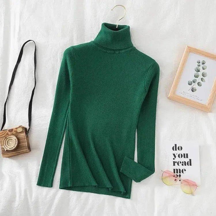Green ribbed turtleneck sweater for women, stylish fashion top with long sleeves, perfect for casual wear