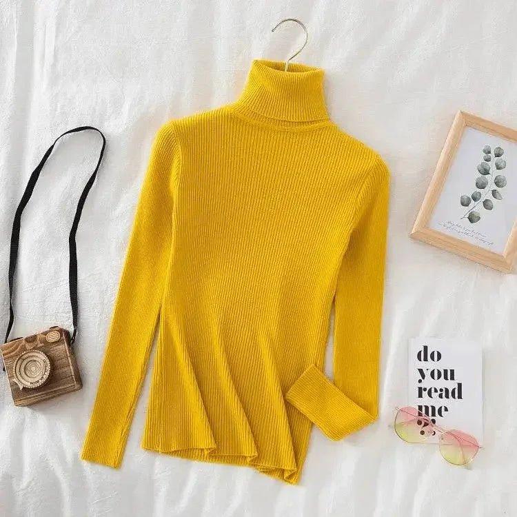 Yellow ribbed turtleneck sweater for women, fashion top with long sleeves, styled with camera and frame