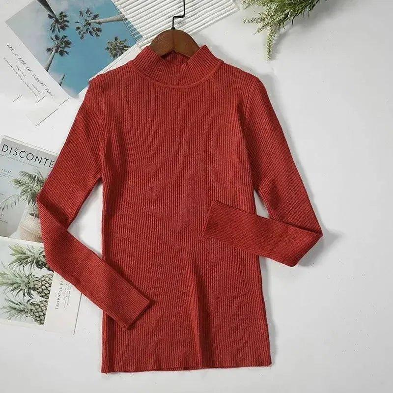 Rust red ribbed turtleneck sweater for women, long sleeve fashion top