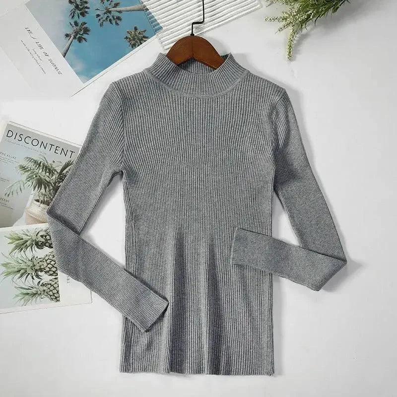 Gray ribbed turtleneck long sleeve top for women's fashion, stylish and cozy