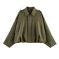 Olive green women's cropped jacket with wide sleeves and collar, stylish fashion outerwear
