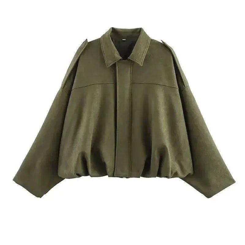 Olive green women's cropped jacket with wide sleeves and collar, stylish fashion outerwear