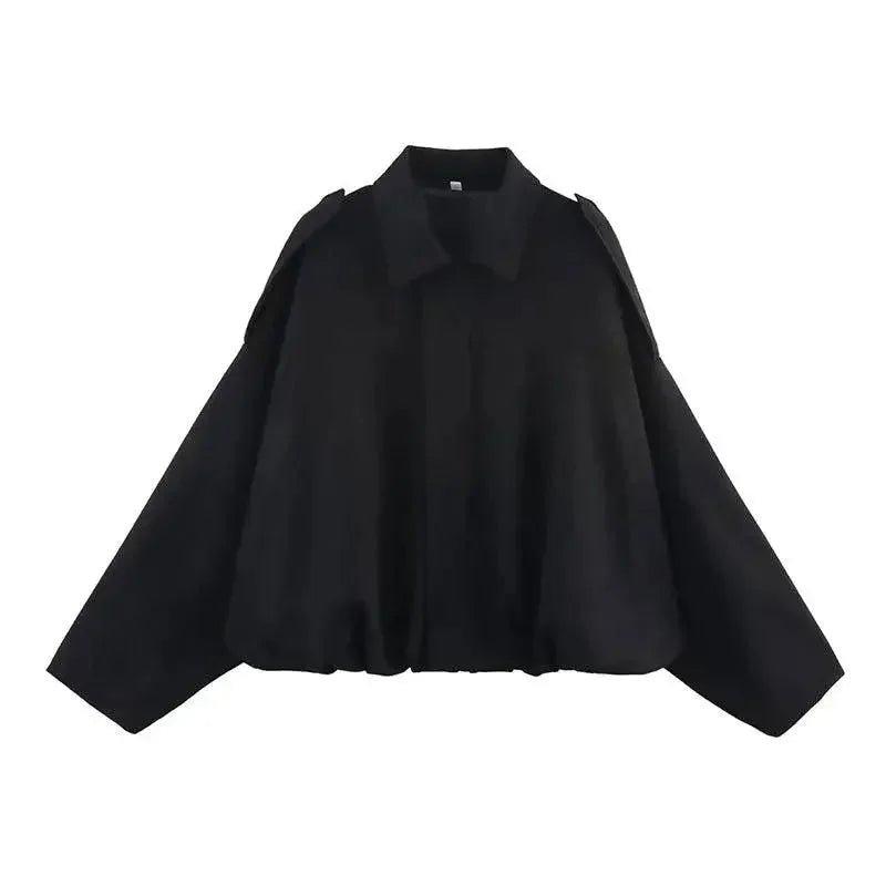 Black women's fashion blouse with wide sleeves and collar, stylish and versatile top