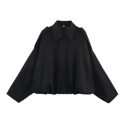 Black women's fashion blouse with wide sleeves and collar, stylish and versatile top